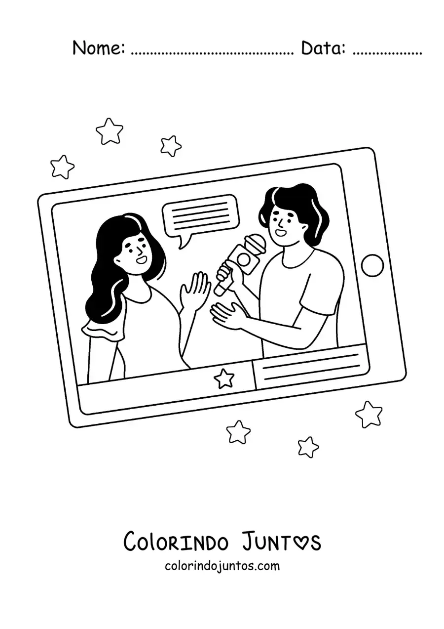 Desenho para colorir de uma entrevista jornalística na tela de um tablet