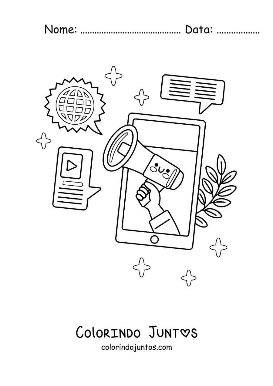 Desenho para colorir de um telefone animado anunciando as últimas notícias na tela
