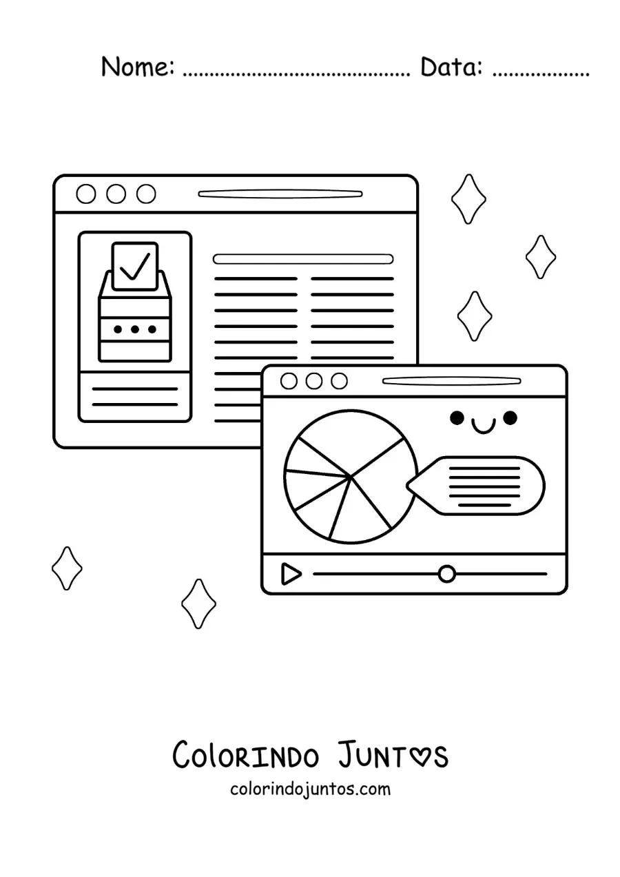 Desenho para colorir de vídeos e artigos de notícias nas redes sociais