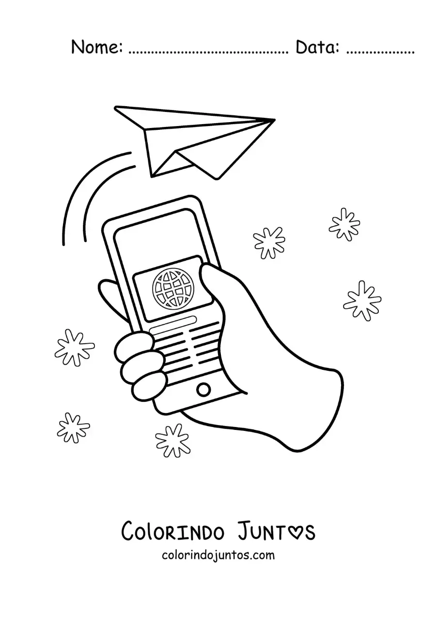 Desenho para colorir de um telefone enviando uma mensagem pelas redes sociais