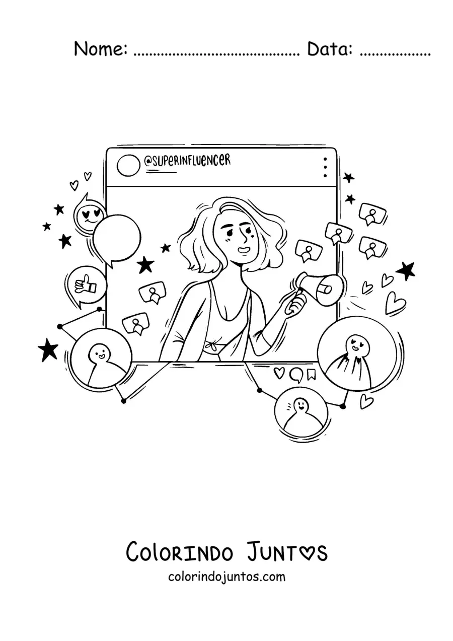 Desenho para colorir de uma influenciadora animada em uma rede social