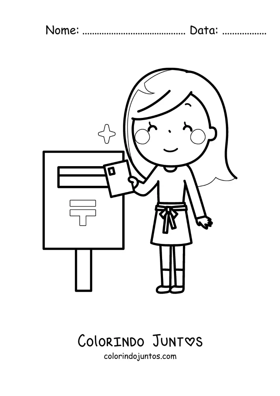 Desenho para colorir de uma menina enviando uma carta pelo correio