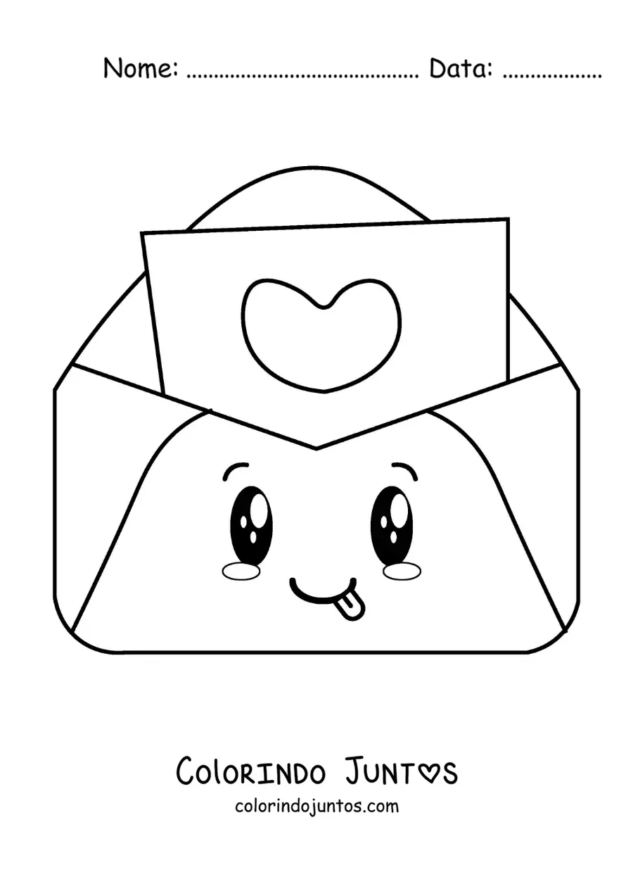 Desenho para colorir de uma carta de amor kawaii em seu envelope