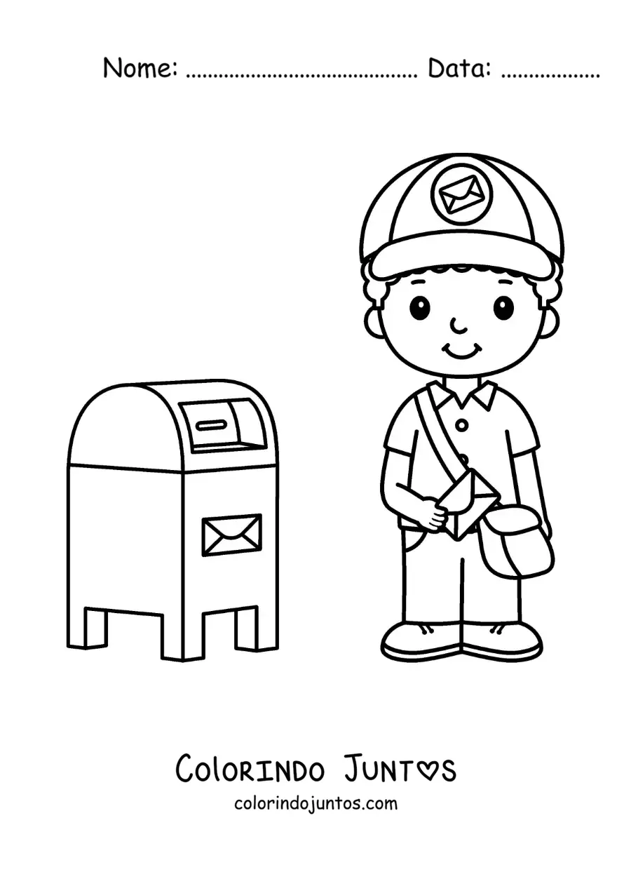Desenho para colorir de um carteiro animado ao lado da caixa de correio