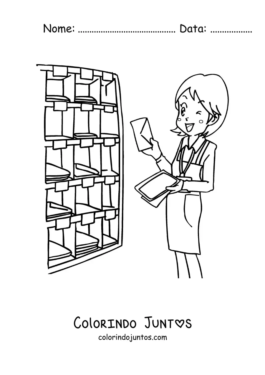 Desenho para colorir de uma mulher carteira na agência dos correios