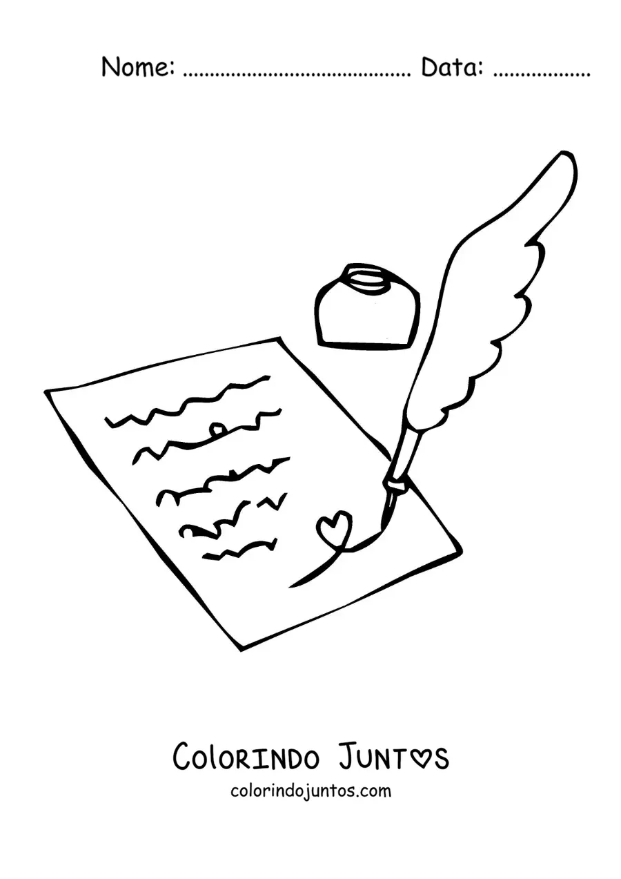 Desenho para colorir de uma pena escrevendo uma carta com tinta