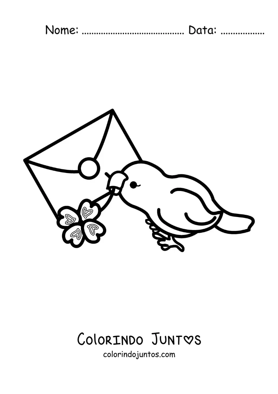 Desenho para colorir de um pássaro animado entregando uma carta