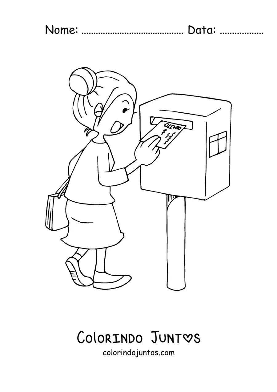 Desenho para colorir de uma mulher enviando uma carta pelo correio
