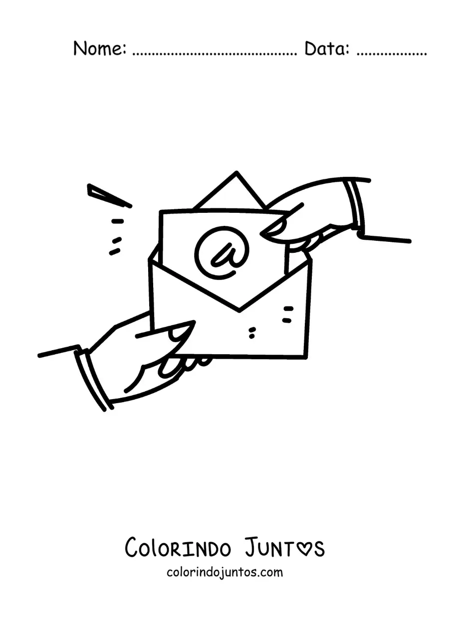 Desenho para colorir de duas mãos abrindo uma carta com o símbolo "@"