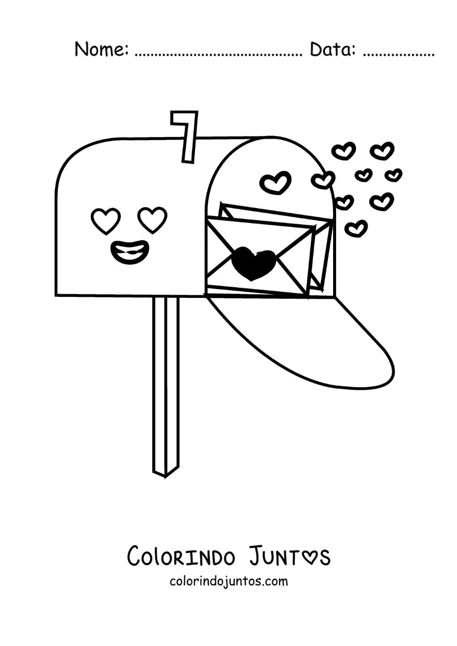 Desenho para colorir de uma caixa de correio com cartas de amor