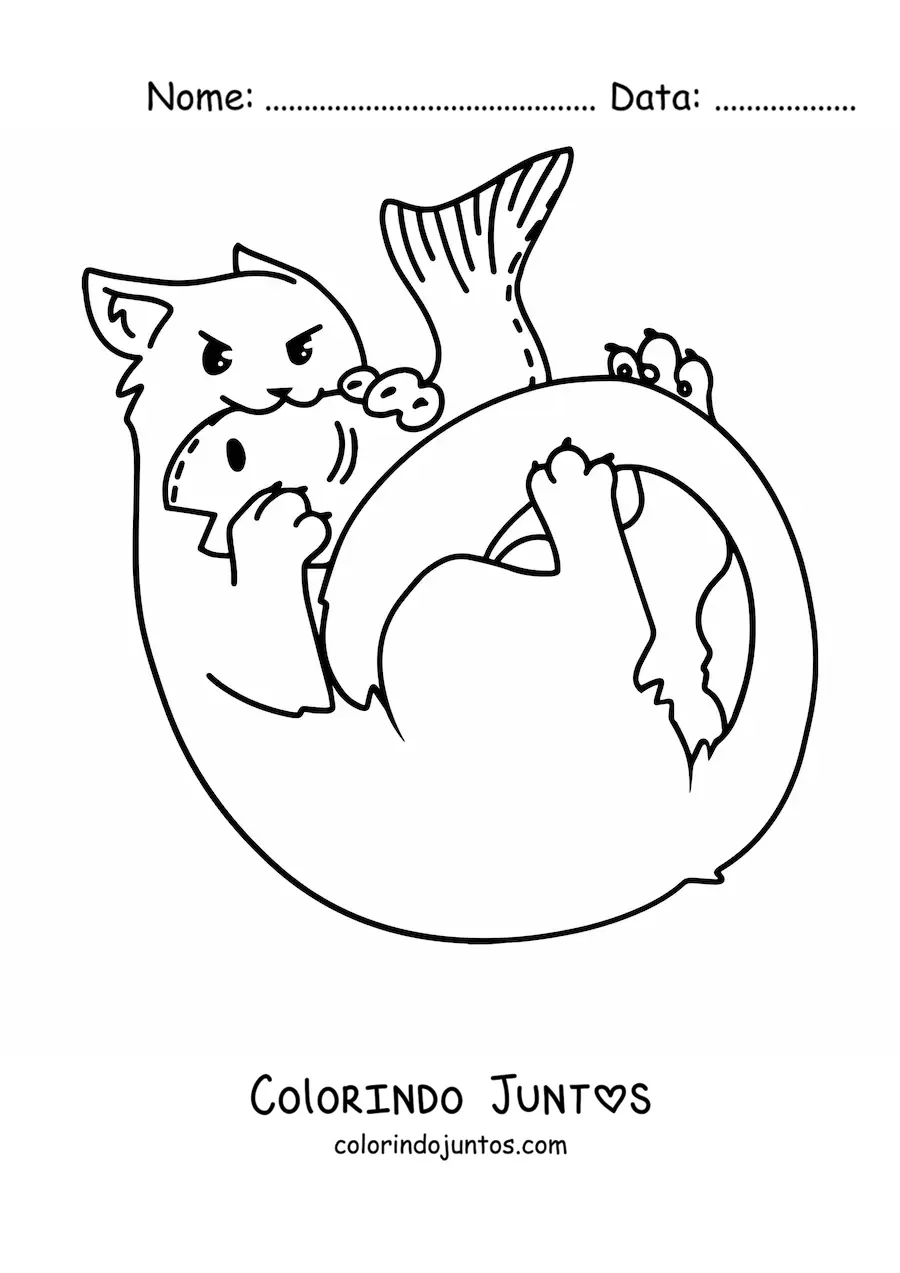 Desenho para colorir de um gato comendo um peixe