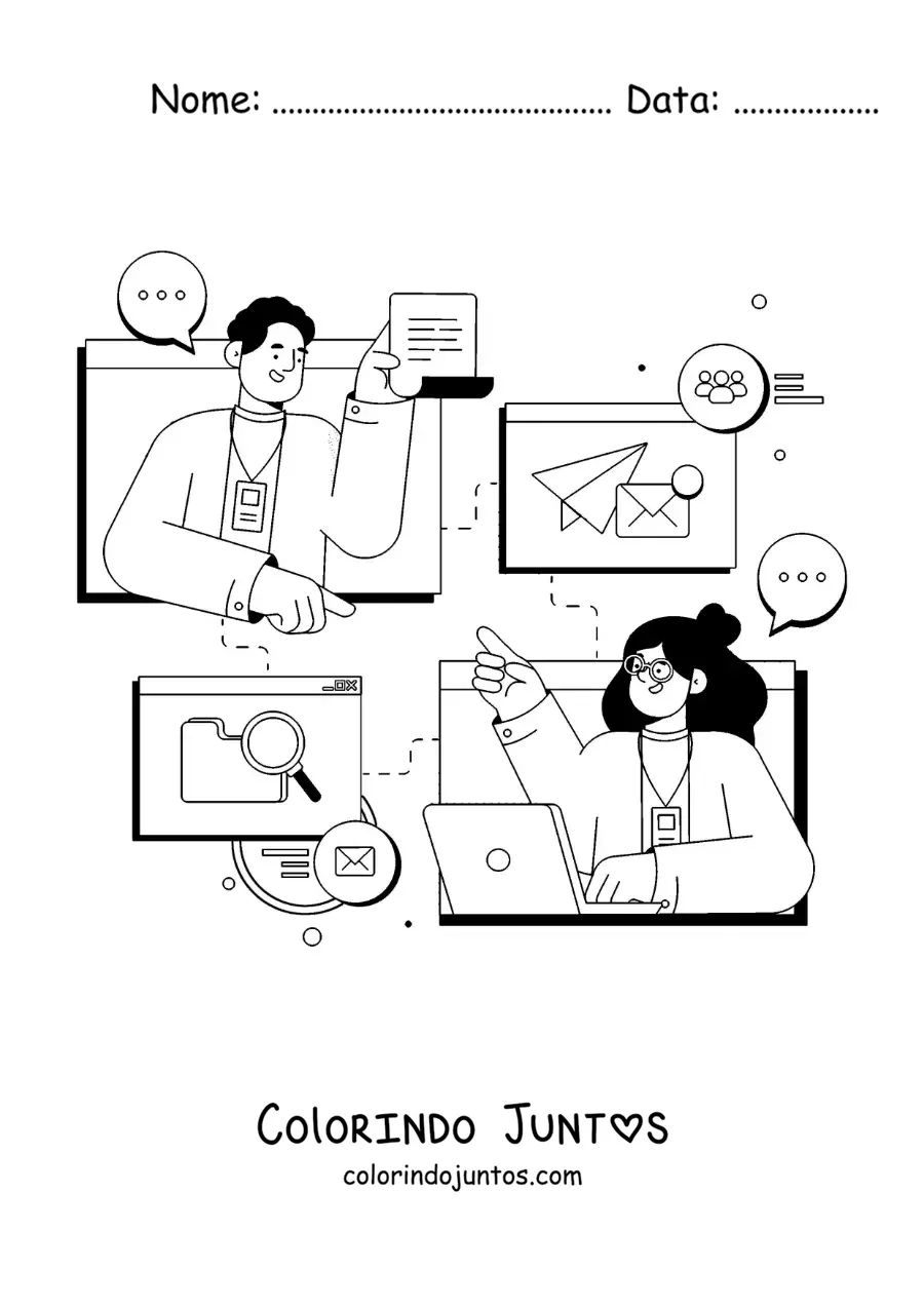 Desenho para colorir de duas pessoas se comunicando por e-mail