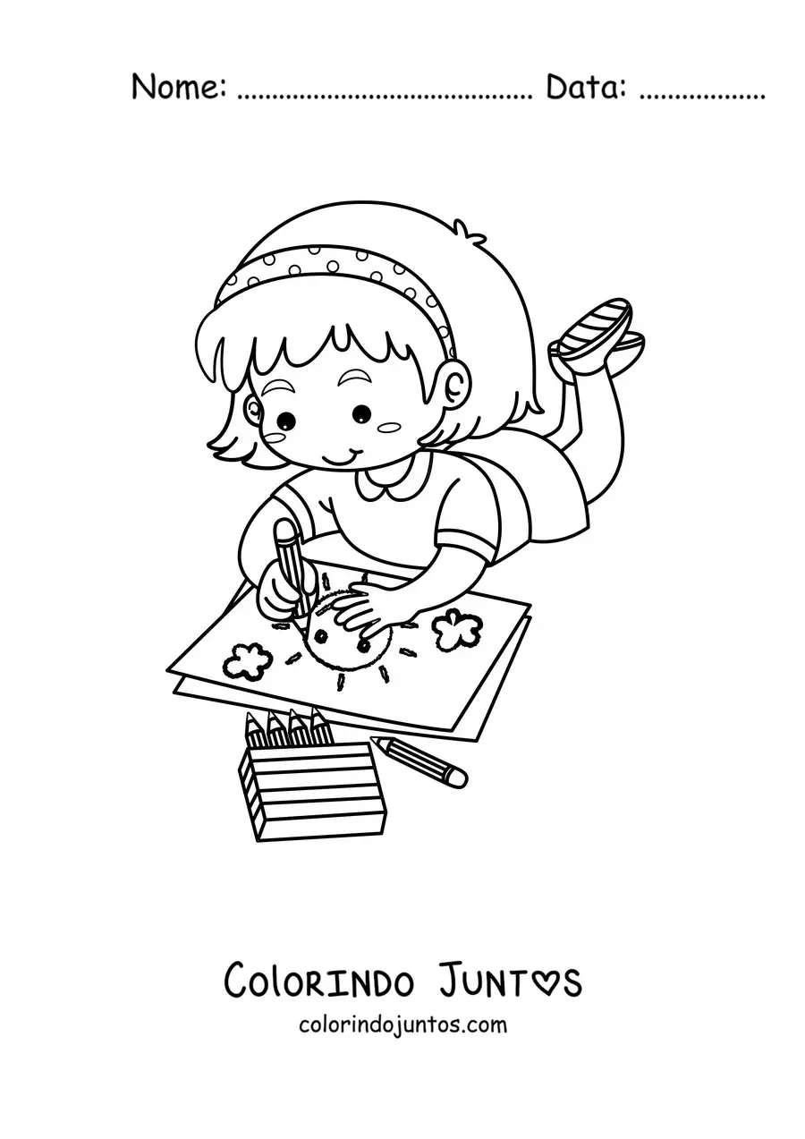 Desenho para colorir de uma menina colorindo deitada no chão
