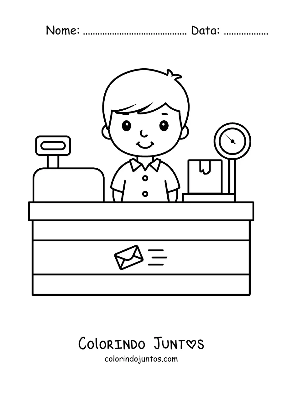 Desenho para colorir de um menino animado em uma agência dos correios