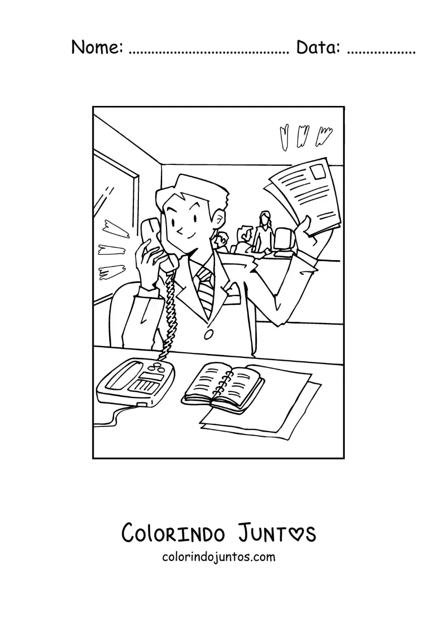Desenho para colorir de um homem falando no telefone fixo em seu escritório