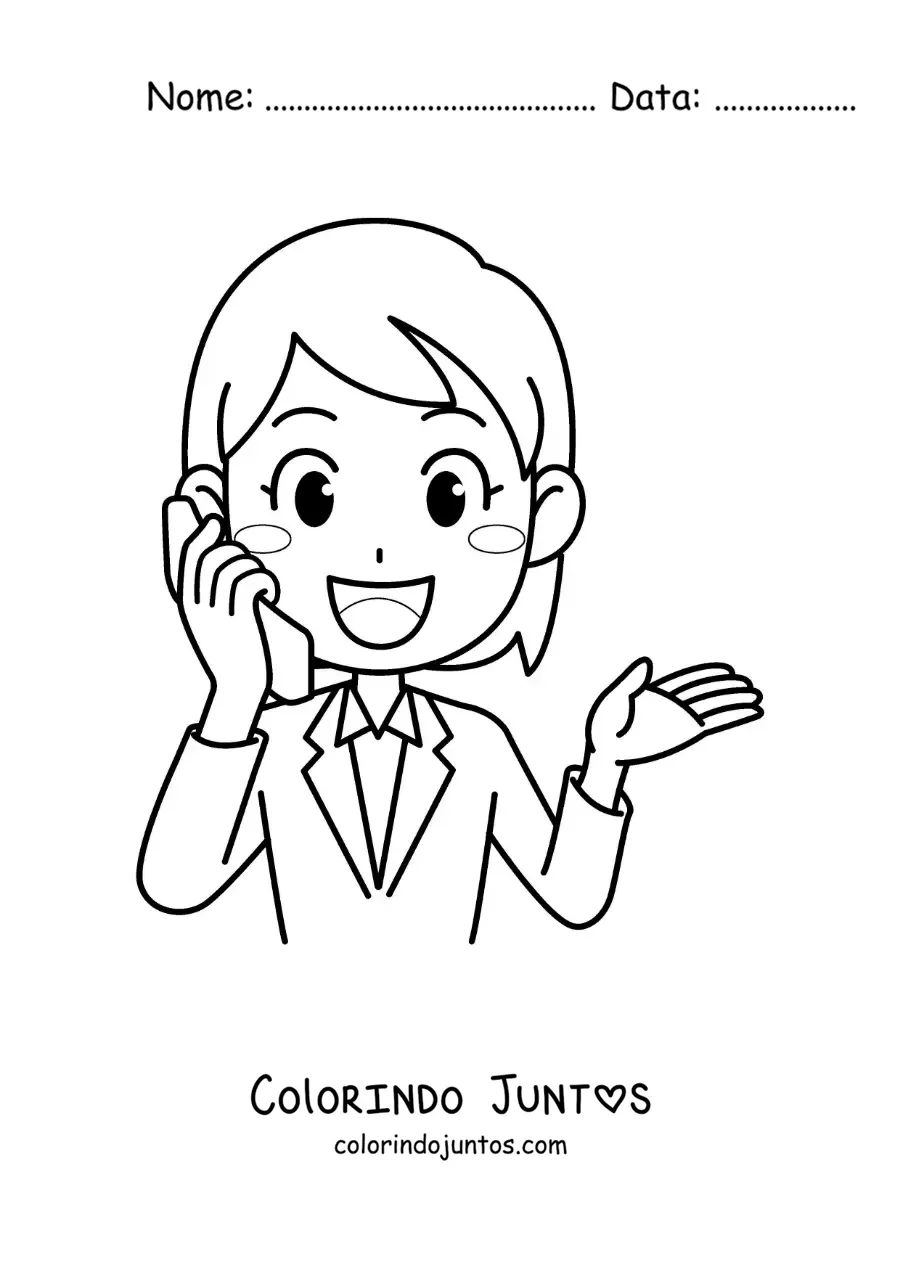 Desenho para colorir de uma mulher animada falando ao telefone