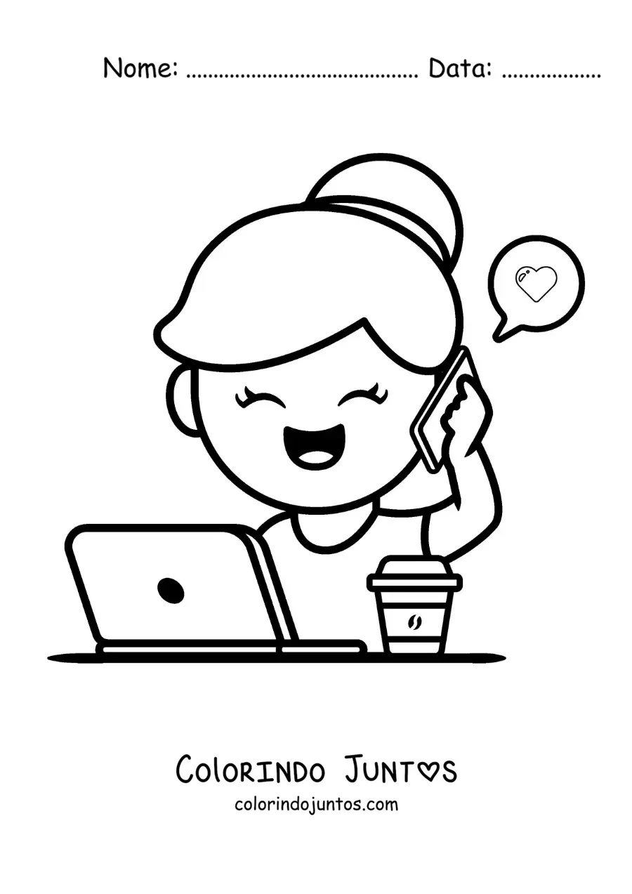 Desenho para colorir de uma menina falando ao telefone enquanto trabalha de casa