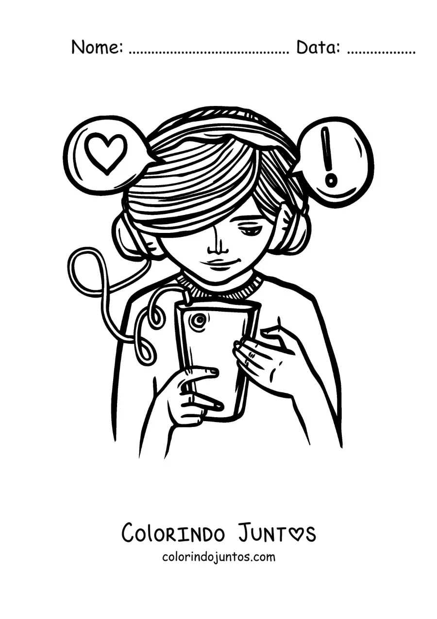 Desenho para colorir de uma menina enviando mensagens do telefone