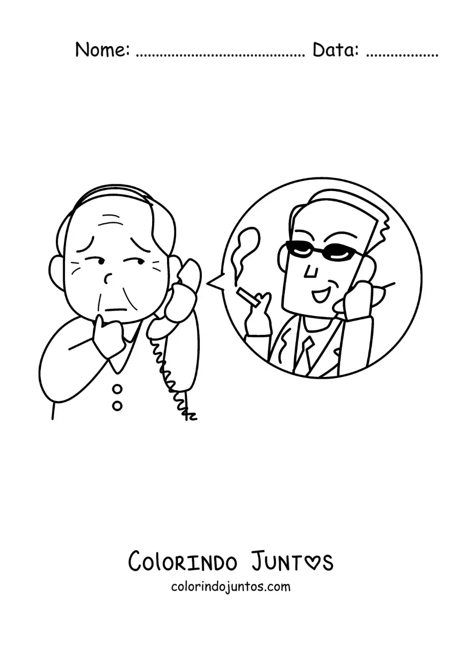 Desenho para colorir de um avô preocupado em uma ligação telefônica