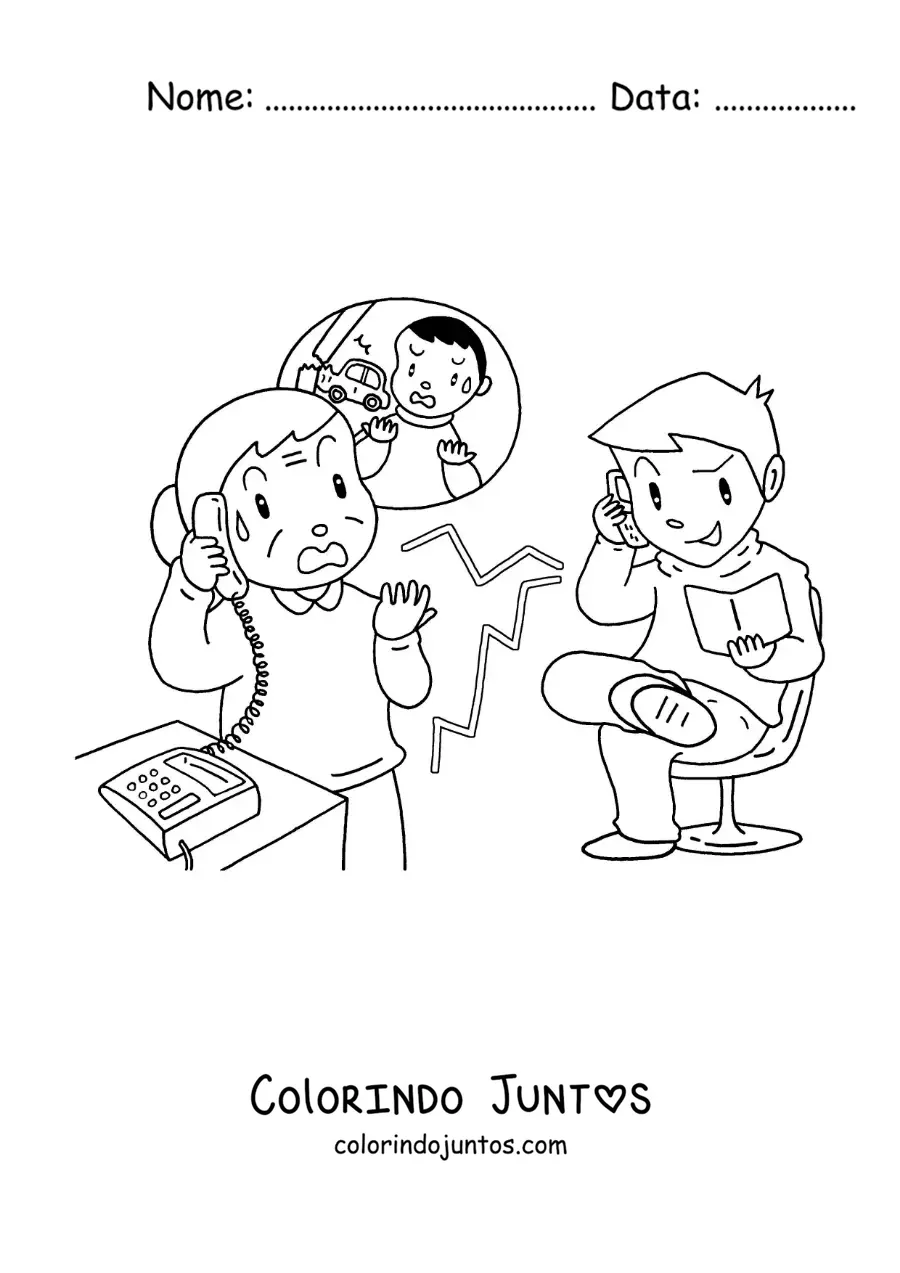 Desenho para colorir de uma avó preocupada em um golpe por ligação telefônica