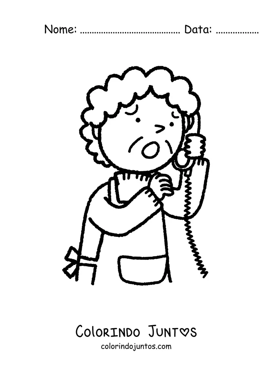Desenho para colorir de uma avó preocupada falando no telefone fixo