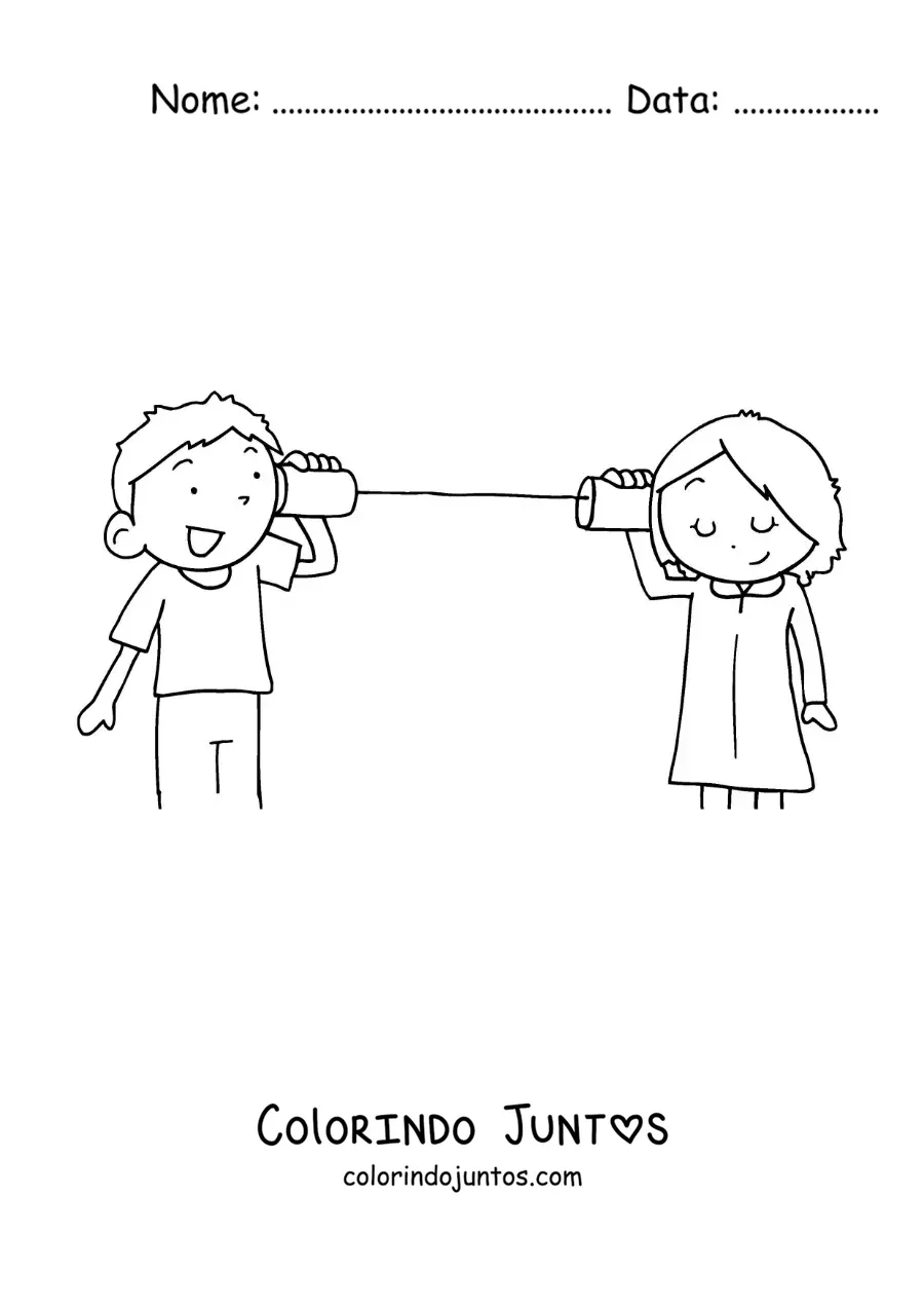 Desenho para colorir de duas crianças falando por um telefone de copos