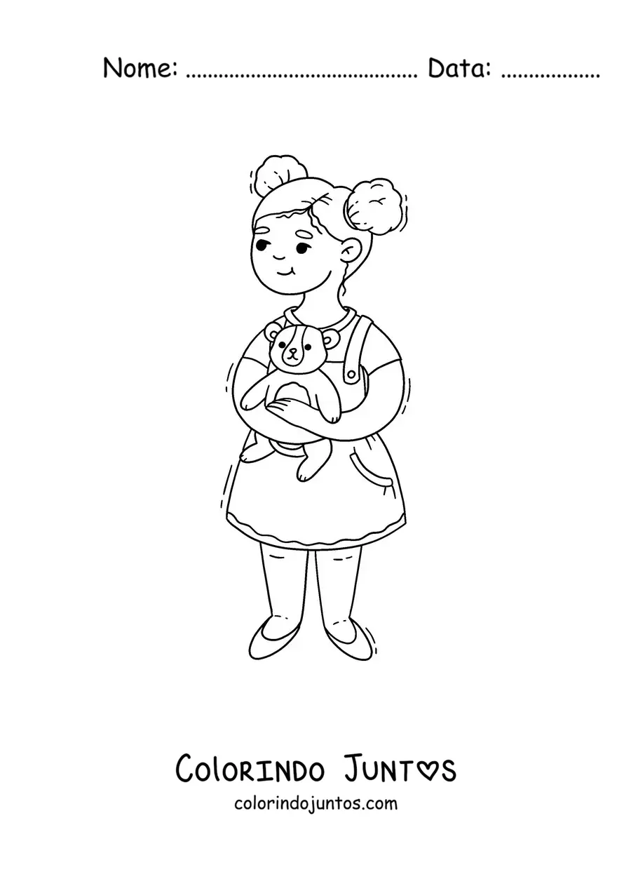Desenho para colorir de uma menina segurando um ursinho de pelúcia