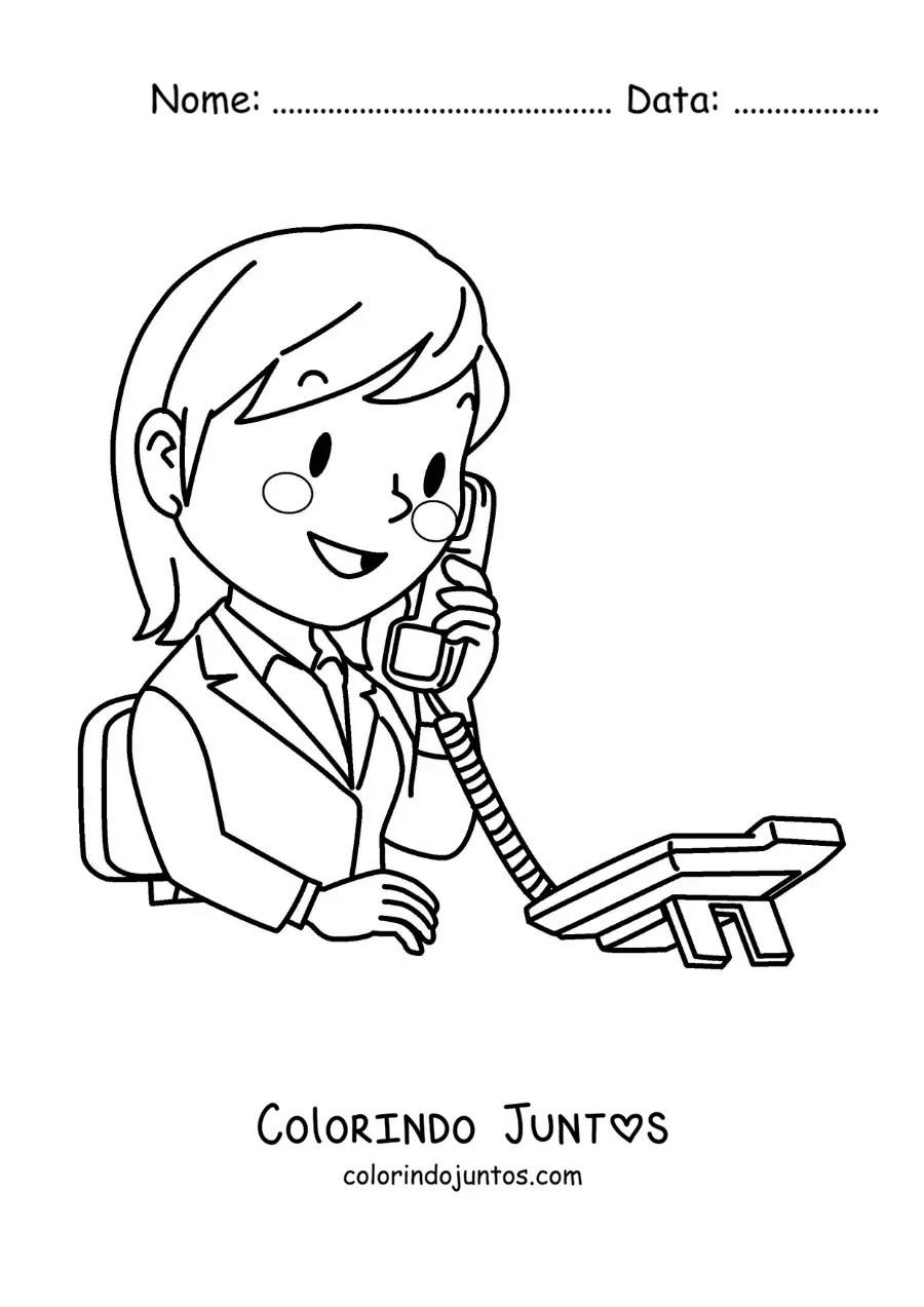 Desenho para colorir de uma mulher falando no telefone fixo em seu trabalho
