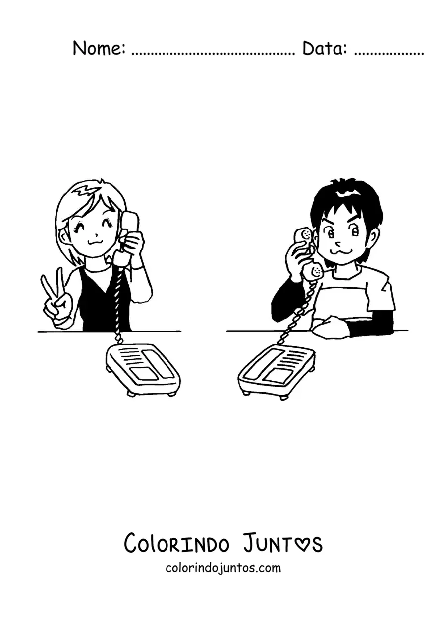 Desenho para colorir de uma menina e um menino falando em uma ligação telefônica