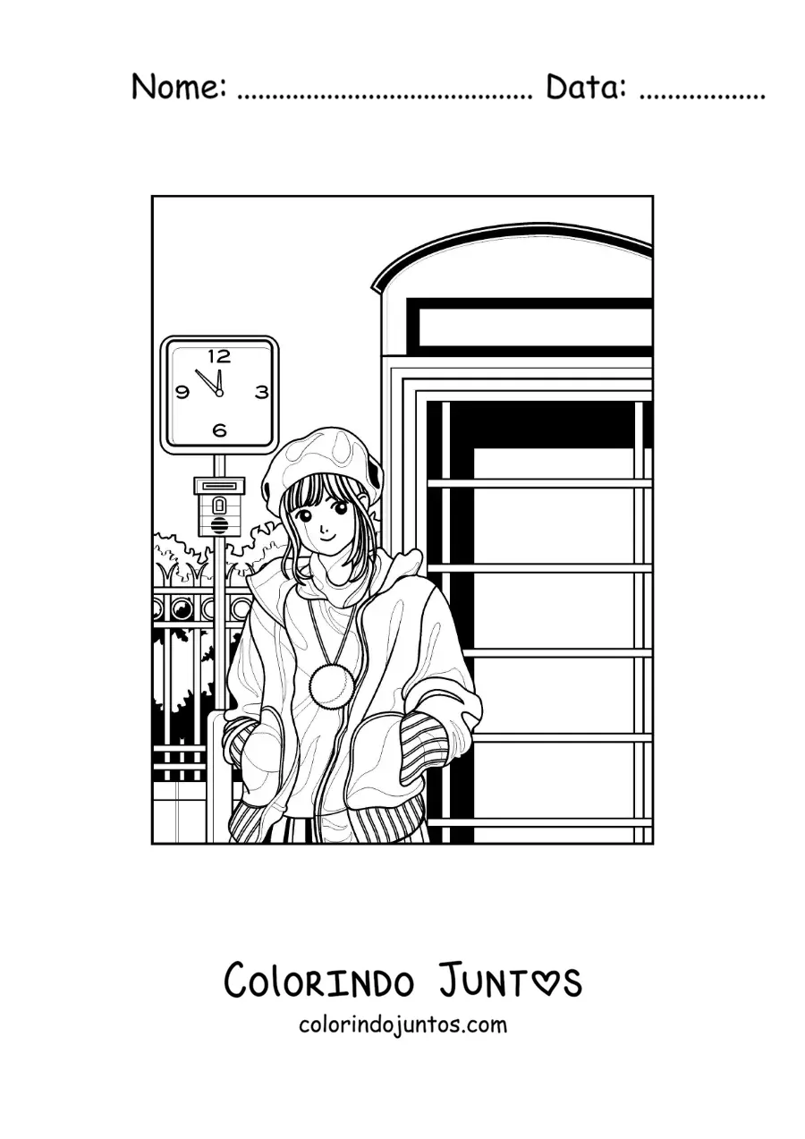 Desenho para colorir de uma garota anime aesthetic ao lado de uma cabine telefônica