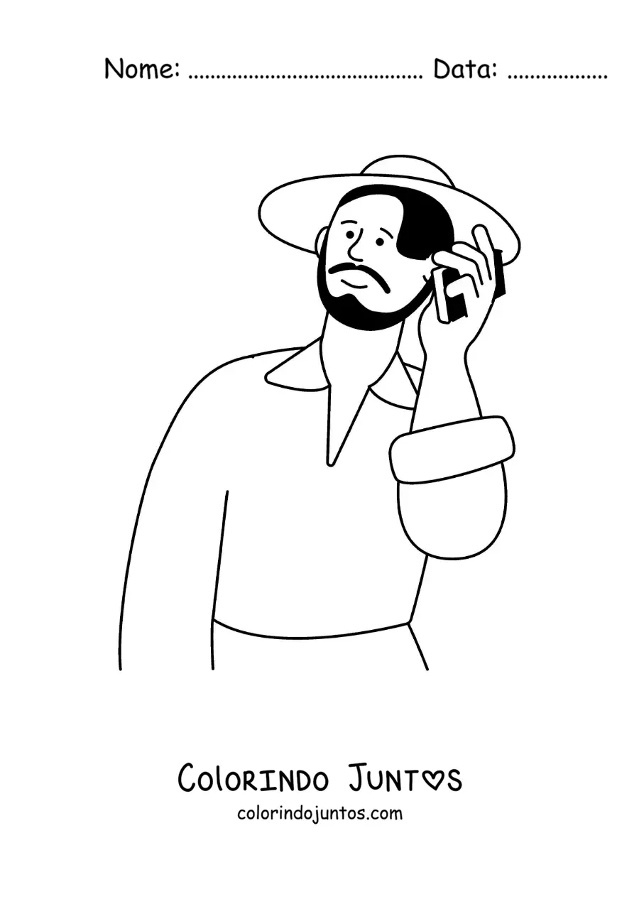 Desenho para colorir de um homem de chapéu em uma ligação telefônica