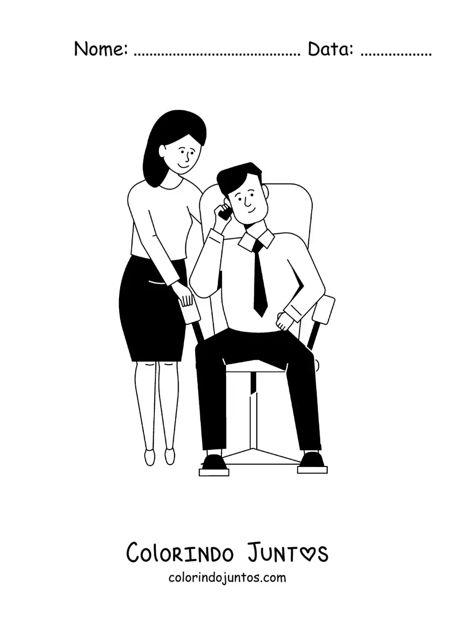 Desenho para colorir de um homem de terno falando ao telefone ao lado da esposa