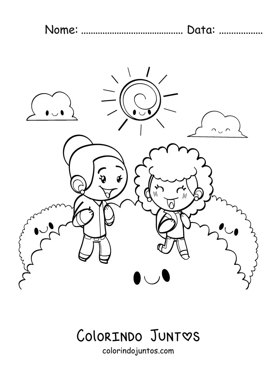 Desenho para colorir de duas meninas felizes passeando pelo campo