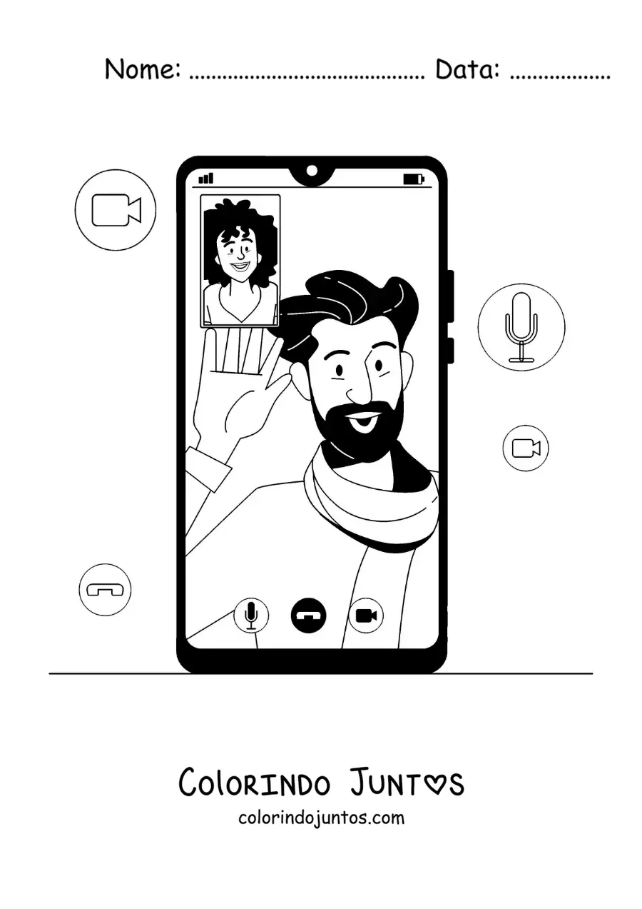 Desenho para colorir de uma videochamada em um smartphone