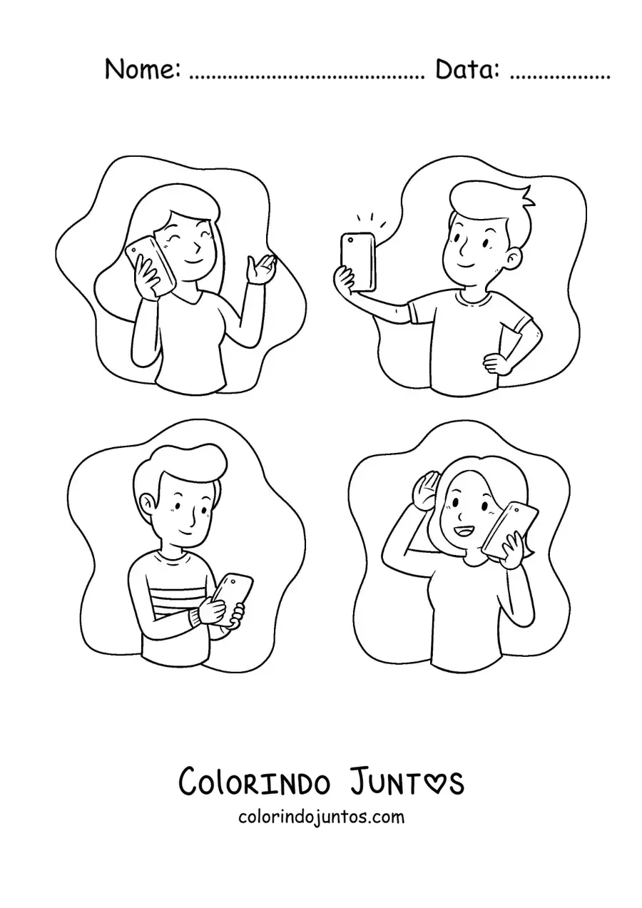 Desenho para colorir de jovens se comunicando pelo telefone