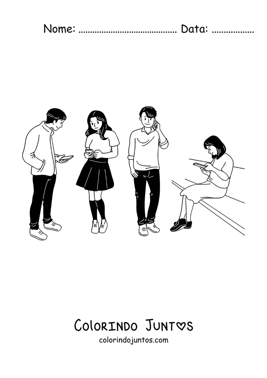 Desenho para colorir de um grupo de adolescentes conversando e mandando mensagens pelo telefone