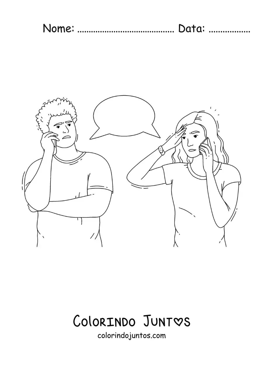 Desenho para colorir de um casal discutindo pelo telefone