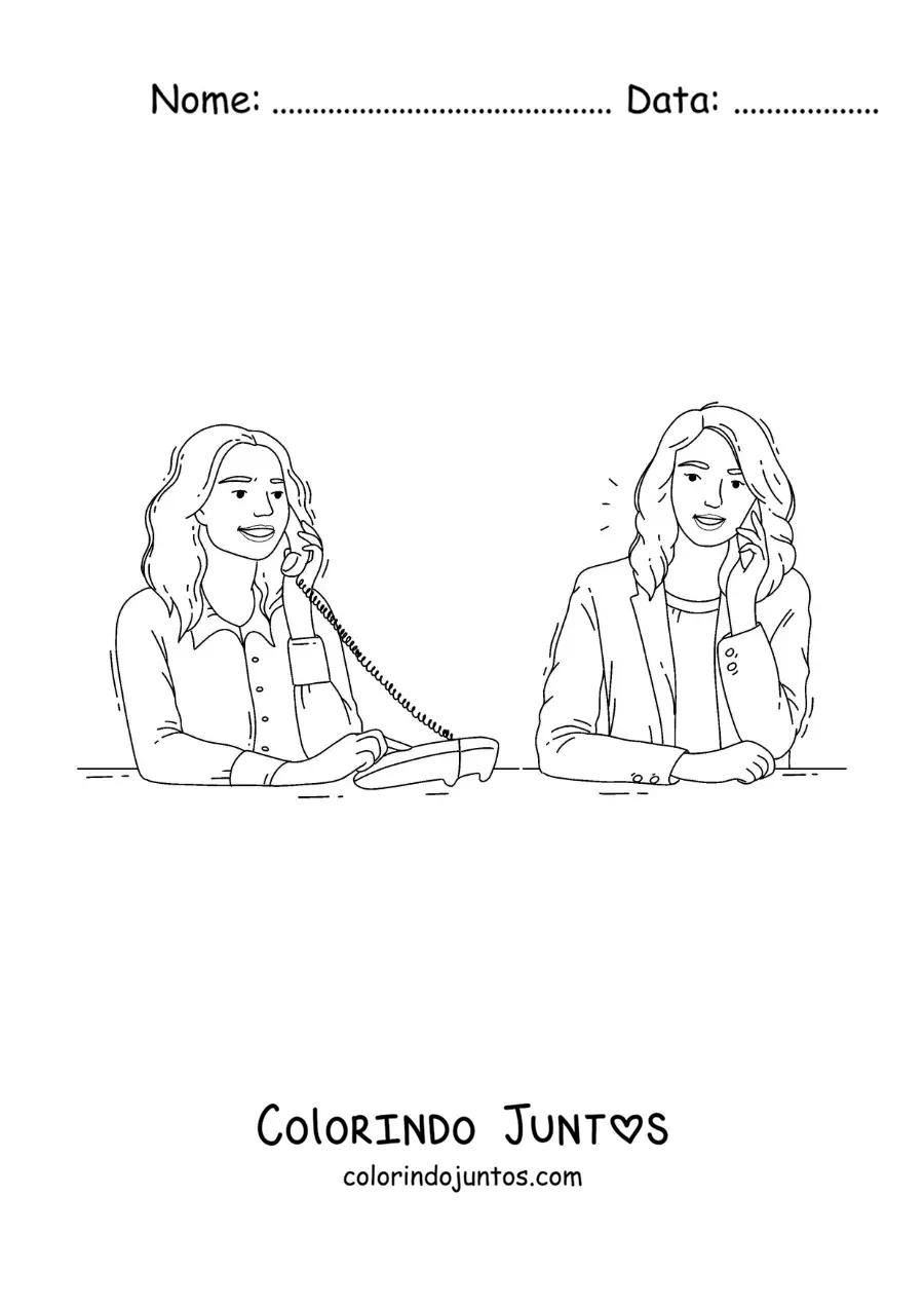 Desenho para colorir de duas amigas conversando ao telefone