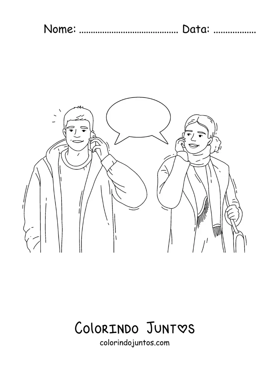 Desenho para colorir de um casal conversando ao telefone