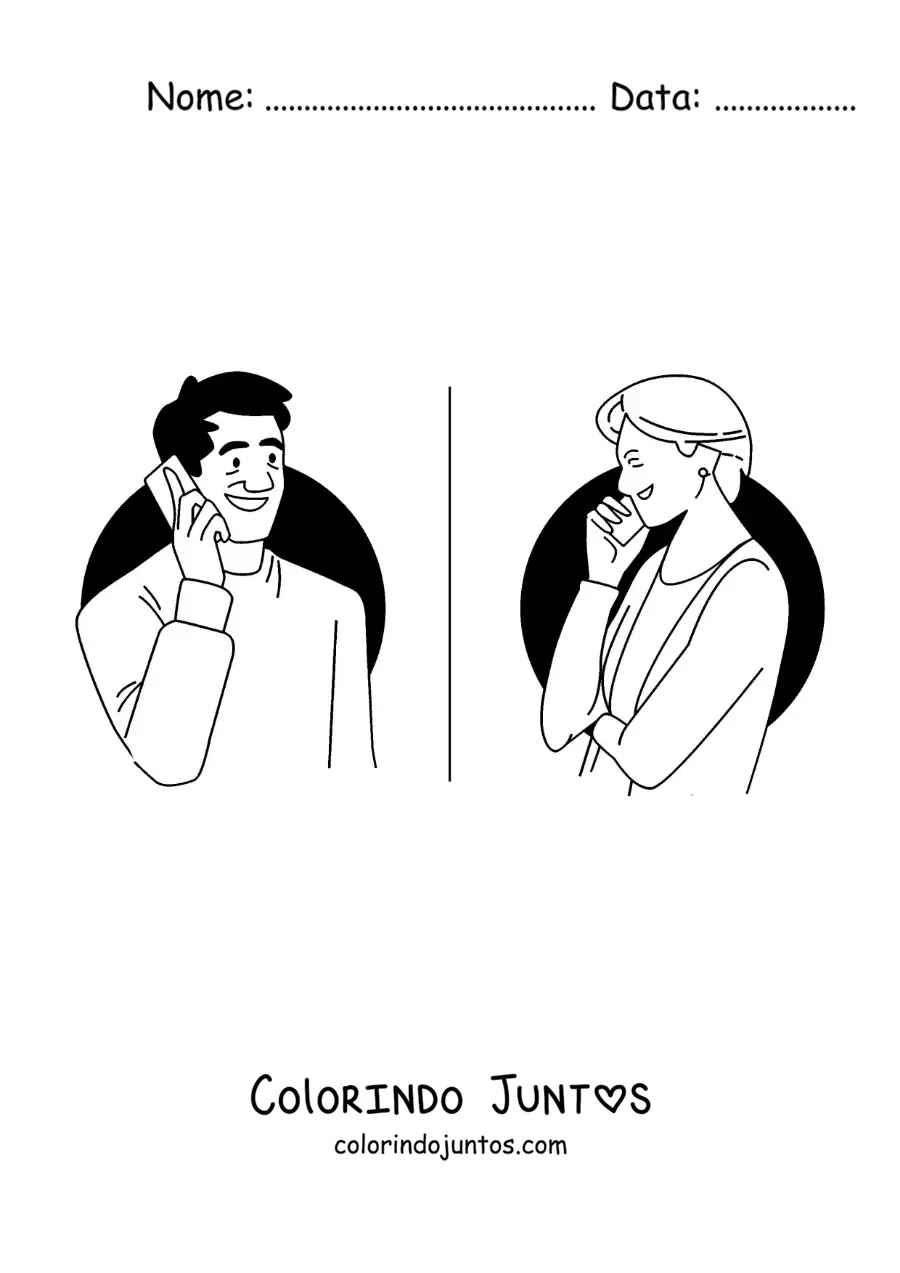 Desenho para colorir de um homem e sua mãe conversando ao telefone