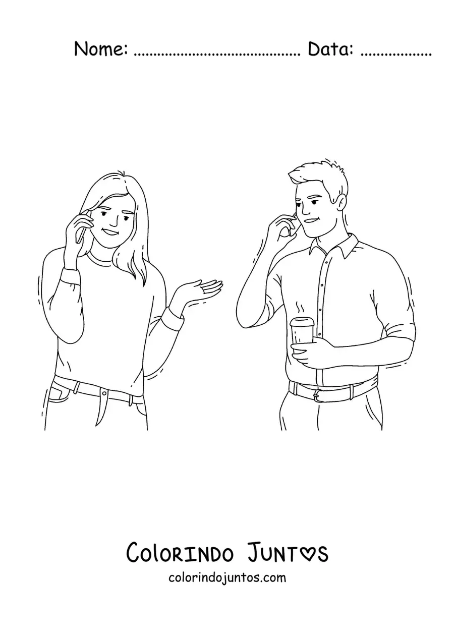 Desenho para colorir de um homem e uma mulher conversando ao telefone