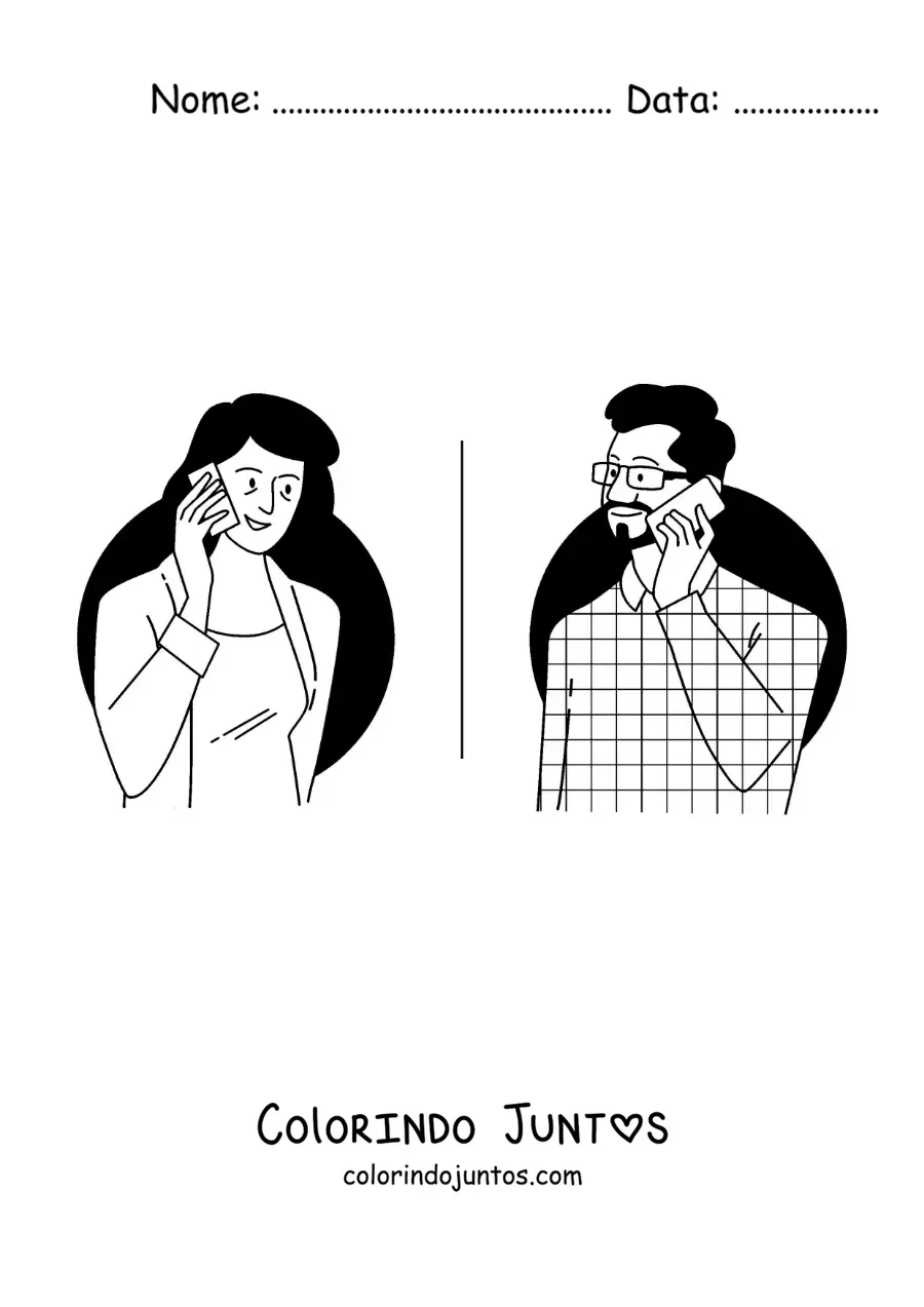 Desenho para colorir de um homem e sua esposa conversando ao telefone
