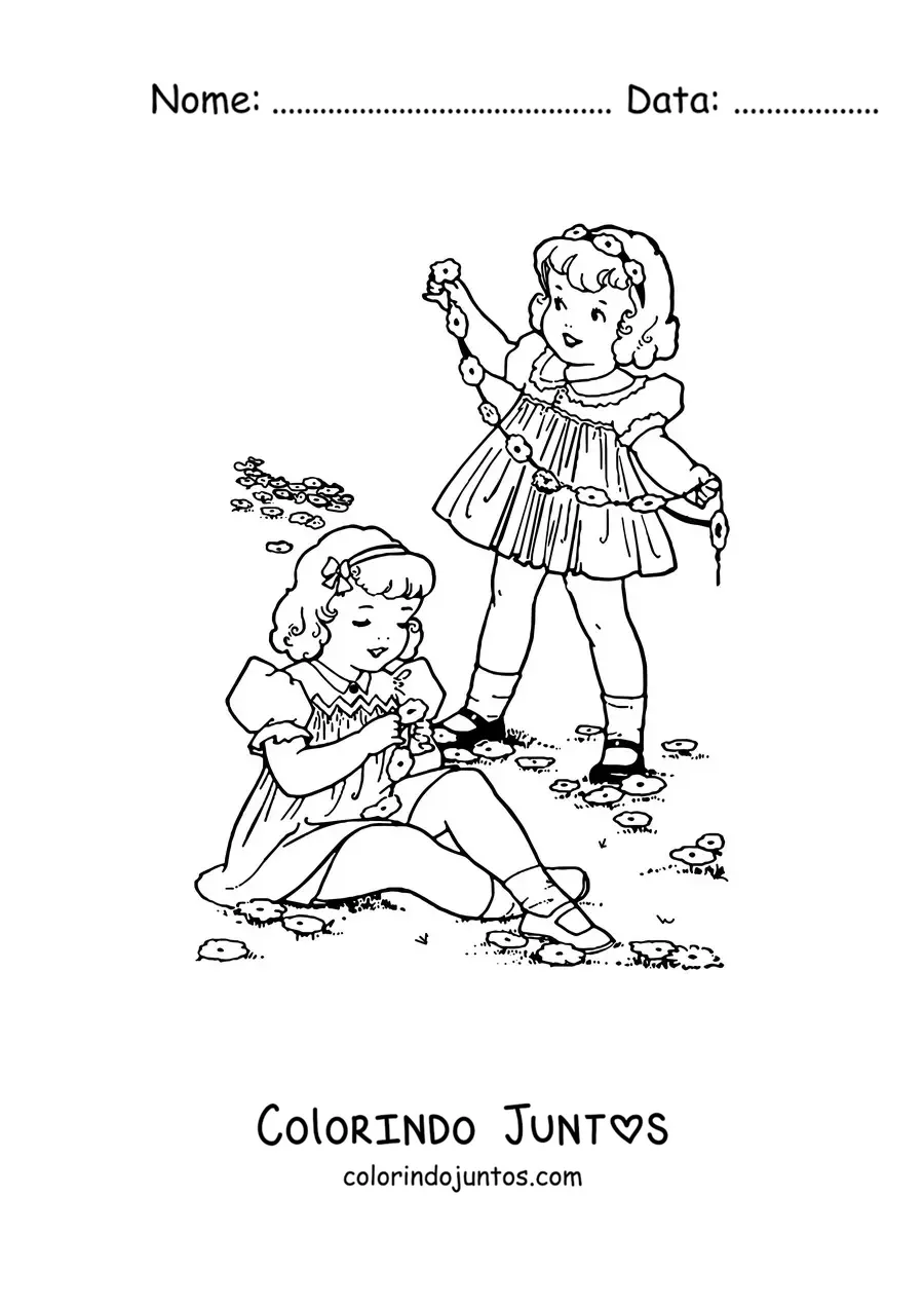 Desenho para colorir de duas meninas colhendo flores