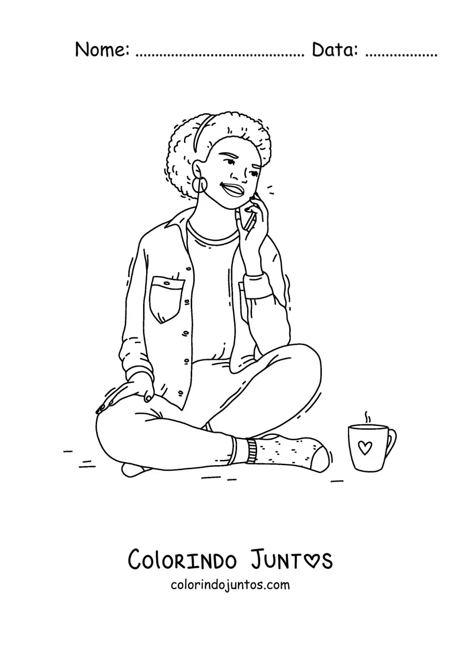 Desenho para colorir de uma menina sentada conversando em uma chamada telefônica