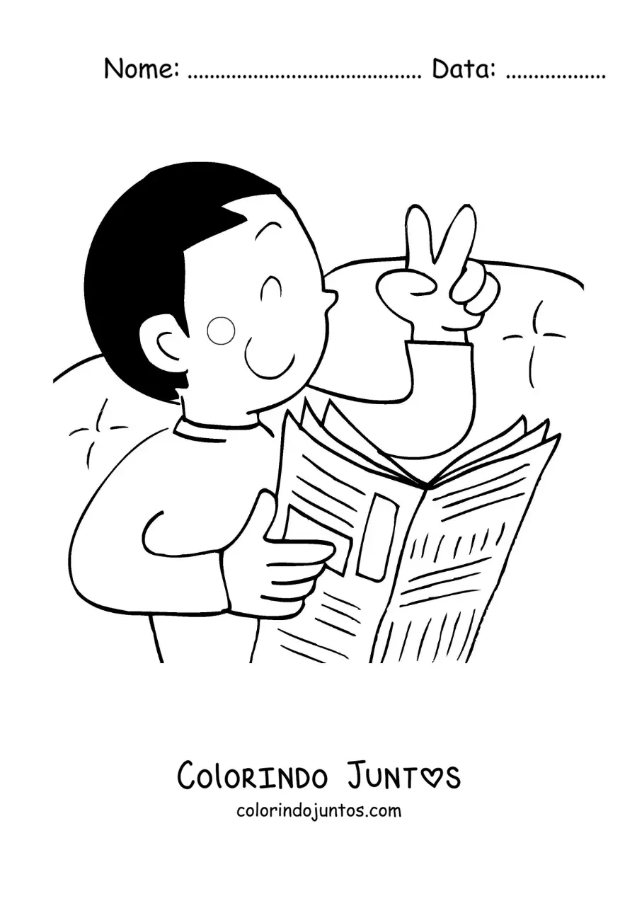 Desenho para colorir de um menino animado lendo o jornal