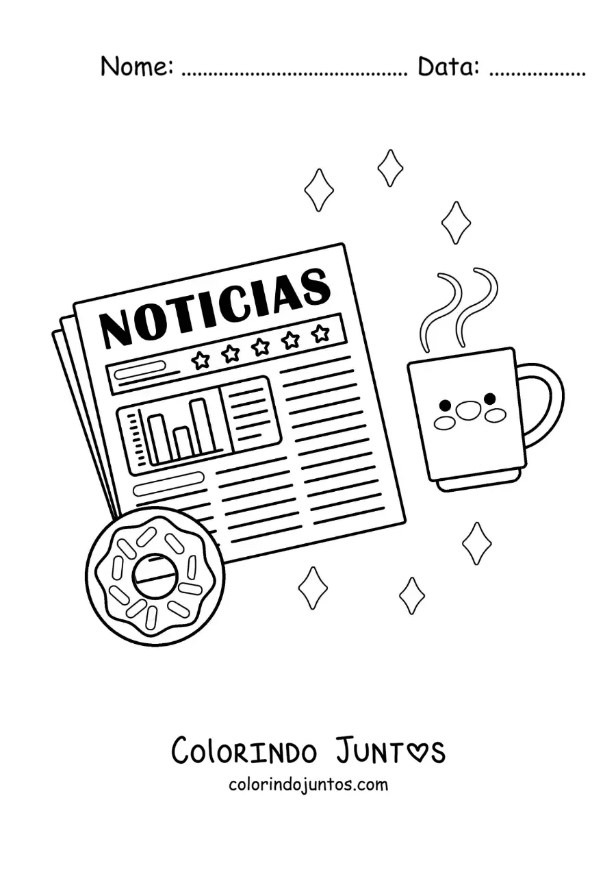 Desenho para colorir de um jornal com uma rosquinha e um café animado kawaii