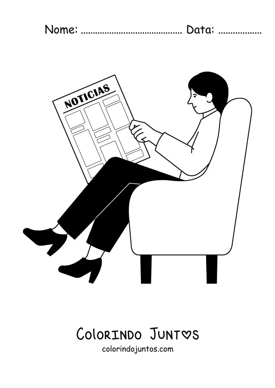Desenho para colorir de uma menina sentada no sofá lendo as notícias do jornal