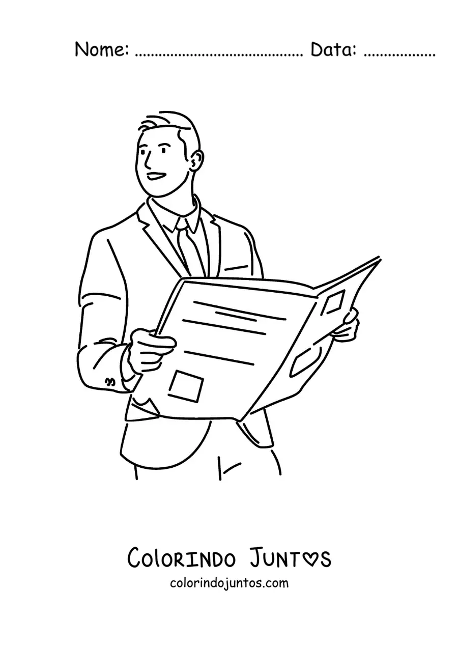 Desenho para colorir de um homem de terno lendo as notícias do jornal