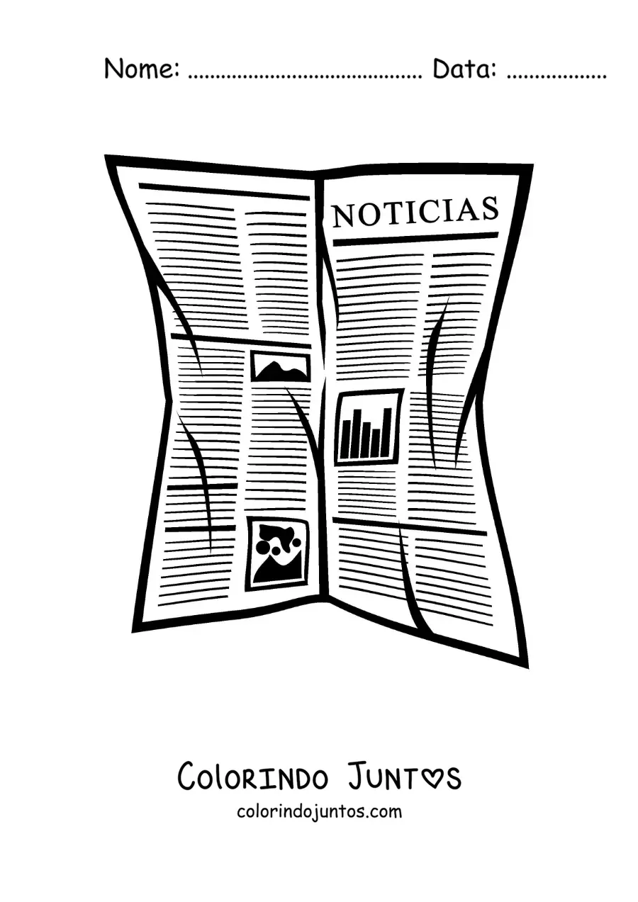 Desenho para colorir de um jornal aberto que mostra notícias na capa