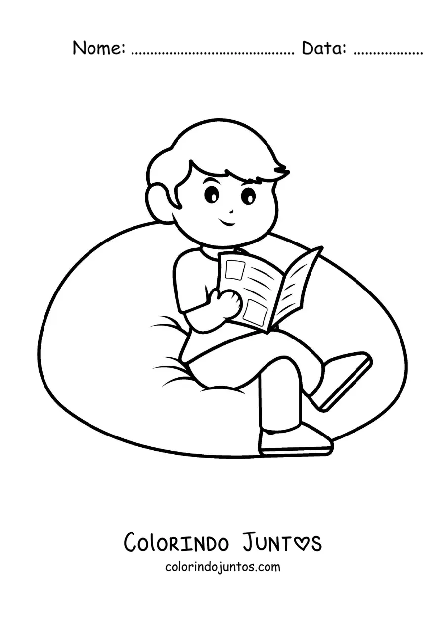 Desenho para colorir de um menino animado sentado lendo o jornal